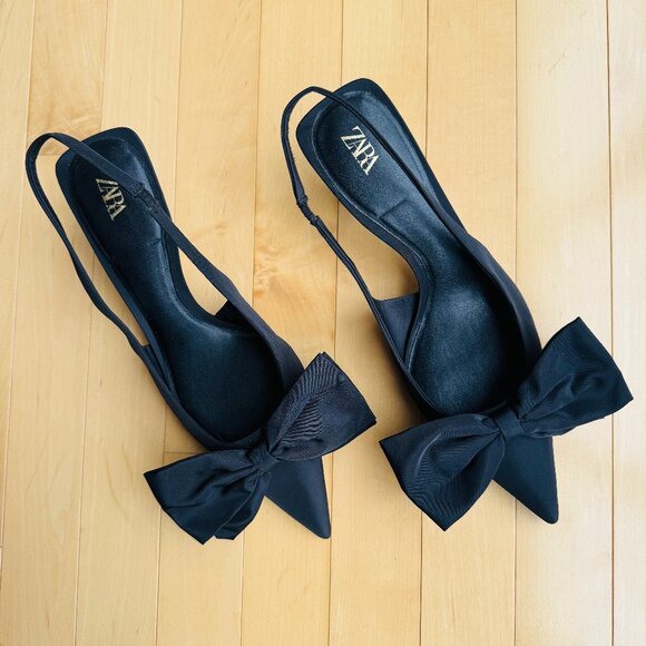 Zara Shoes - ZARA - NEW black satin pointy toed slingback heels with bow - size 39